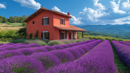  Picturesque Lavender Field with a Rustic House Under a Blue Sky