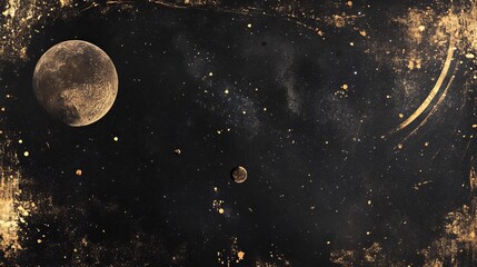 Naklejka premium Stunning cosmic landscape with planets and stars set against a dark gold background