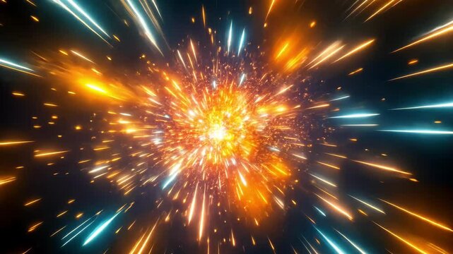 Dynamic cosmic explosion with radiant golden and blue light streaks bursting into space, creating an abstract futuristic scene filled with energy and motion. 4K video