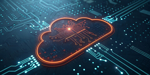 Generative AI image of cloud computing and digital data transfer with computing networked across cities country and globe with virtualization approach