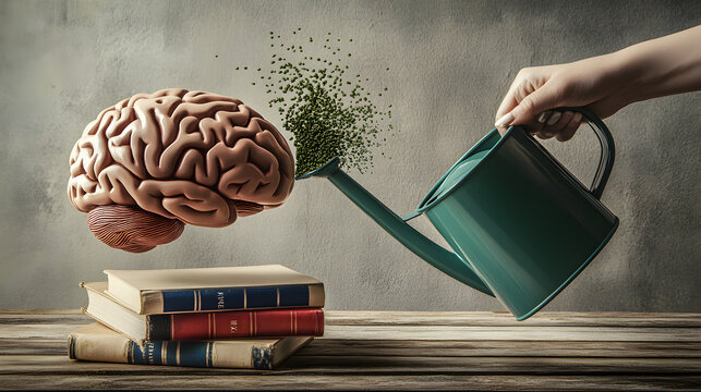 crecimiento intelectual con un cerebro siendo regado por una regadera de mano con libros y sabiduria mental educacion y cultivacion psicologica