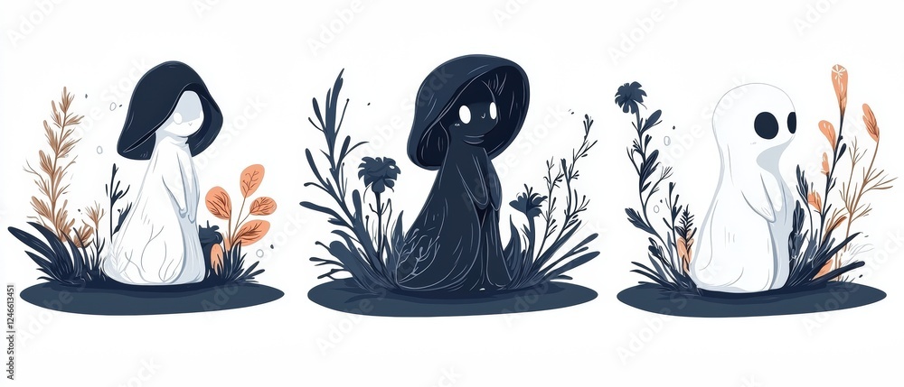 Poster enchanted forest with cute cartoon characters in vector style, surrounded by elegant flora and myste