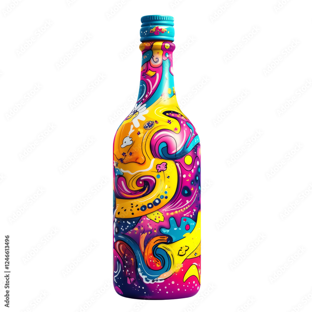 Poster a wine bottle showcases a vibrant psychedelic abstract design featuring swirling colors and various 