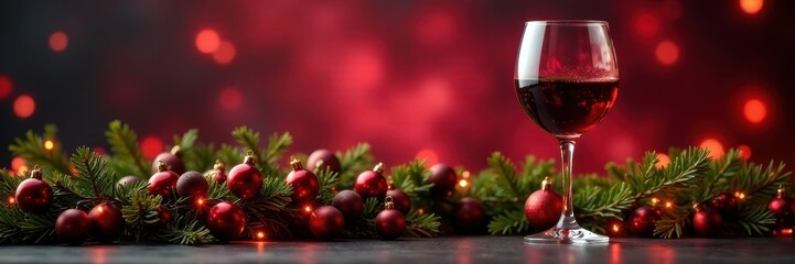 Rich red wine, holiday garland, festive lights, drink, alcohol