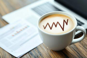 A cup of coffee with a growth chart design, symbolizing market trends and business success