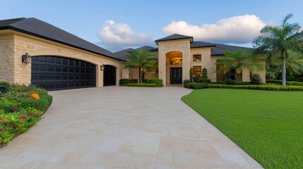 Luxury Home Exterior With Paved Driveway And Landscaping