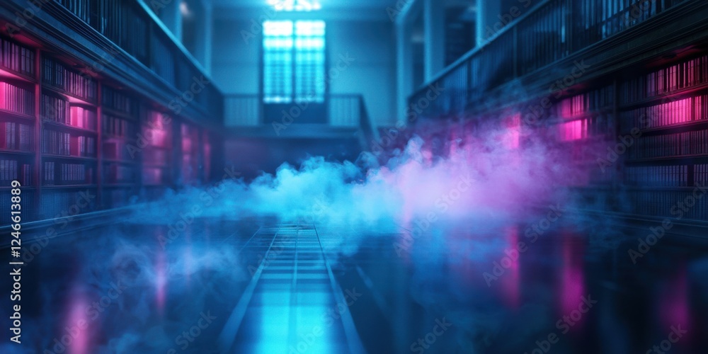 Poster a mysterious library scene illuminated by vibrant lights and mist, creating an ethereal atmosphere.