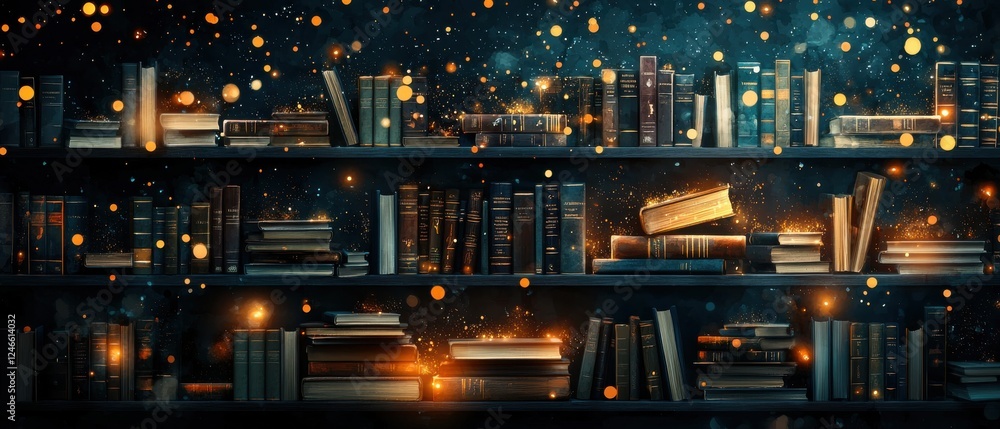 Poster a magical bookshelf filled with books under a starry night, illuminated by glowing orbs, creating a 