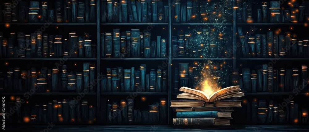 Poster an enchanting library scene with a glowing book at the center, surrounded by dark shelves filled wit