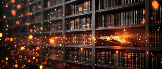 A mystical library with floating sparkles and an illuminated book, creating an enchanting atmosphere of knowledge and magic.