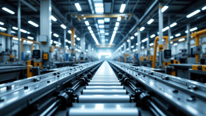 Fototapeta premium Industrial manufacturing plant with machinery on assembly line.