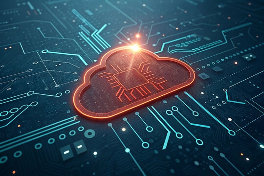 Generative AI image of cloud computing and digital data transfer with computing networked across cities country and globe with virtualization approach.