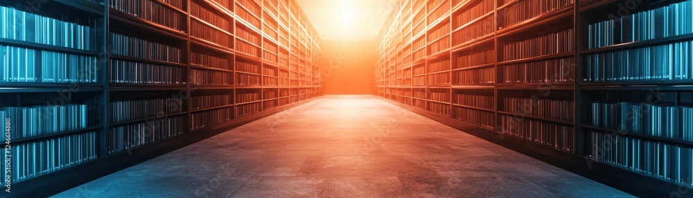 Poster a serene library corridor illuminated by warm light, with shelves filled with books creating an invi