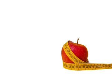 Red apple and tape measure centimetre around the fruit. White background 
