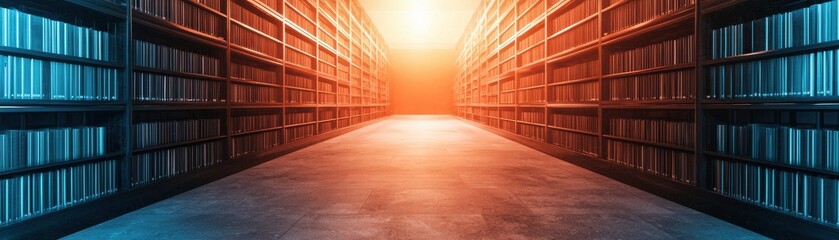 Fototapeta premium A serene library corridor illuminated by warm light, with shelves filled with books creating an inviting atmosphere for readers and knowledge seekers.