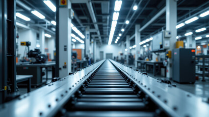 Fototapeta premium Industry plant floor with metal machinery and overhead conveyor system.