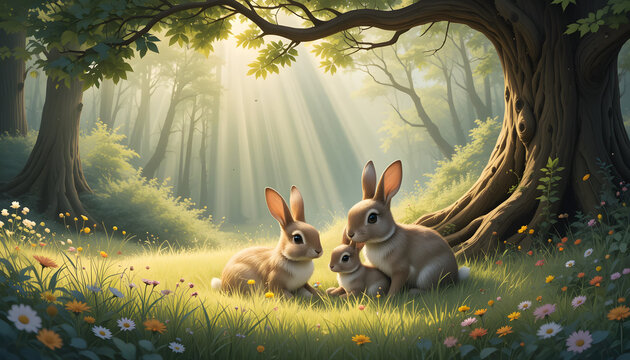 Adorable Rabbit Family in a Sunlit Forest Meadow