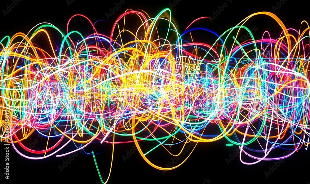 Poster colorful light trails streak across a dark background, creating an abstract design suitable for digi