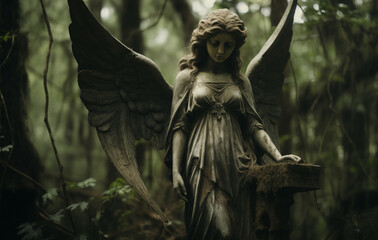 Fototapeta premium A serene sculpture of an angel with large wings stands amidst dense foliage in a misty forest. Soft light filters through the trees, creating a tranquil atmosphere