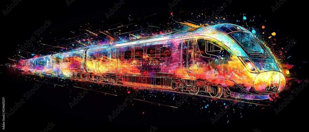 Poster colorful train explosion with vibrant paint splash creating a dynamic and energetic visual experienc