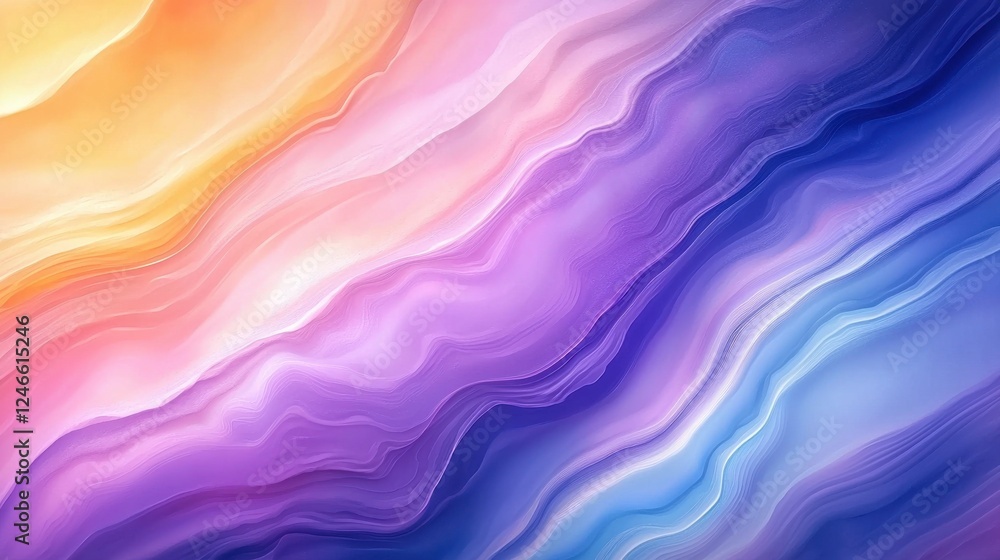 Poster a vibrant abstract pattern featuring flowing waves of colors ranging from orange to purple, creating