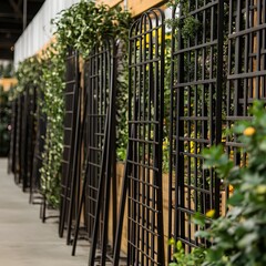 Obraz premium Ornate wrought iron fence with intricate lattice design adorned with lush, cascading vines and greenery in a charming, urban outdoor setting.