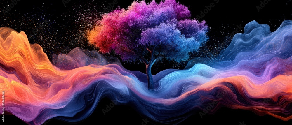 Aufkleber colorful tree explosion with vibrant paint splash in dynamic swirling background of colorful flows