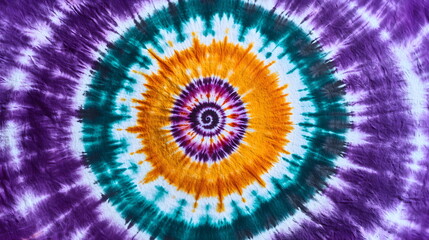 Colorful spiral tie-dye pattern with vibrant shades of purple, turquoise, and orange on fabric.