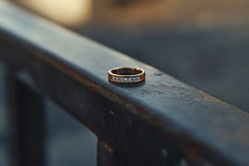 Elegant Diamond Ring Resting on Table Edge with Blurred Background