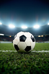 Fototapeta premium Soccer ball positioned in a well-lit stadium with bright lights illuminating the grassy field during a nighttime match