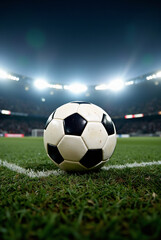 Fototapeta premium Soccer ball positioned in a well-lit stadium with bright lights illuminating the grassy field during a nighttime match