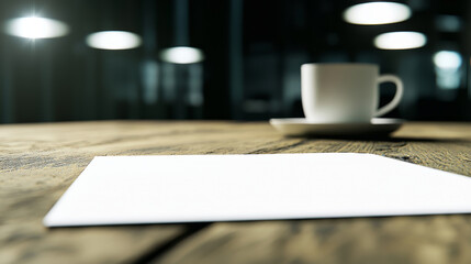 minimalist workspace featuring blank sheet of paper and coffee cup on wooden table