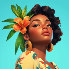 Black Woman with Tropical Flower hair clip. Glamourous black woman. African American beautiful girl with floral decorations hairstyle. Woman with dark skin and tropical flower hair clip.