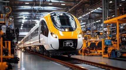 Naklejka premium Modern High-Speed Train Inside Industrial Workshop with Advanced Technology and Construction Equipment in Background