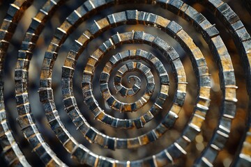 Spiral formation of metallic spikes creates an intriguing visual illusion in modern art installation