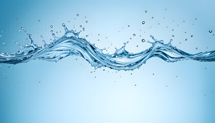 Dynamic water splash, droplet crown, clear blue liquid, light blue backdrop, for skincare or bottled water branding.