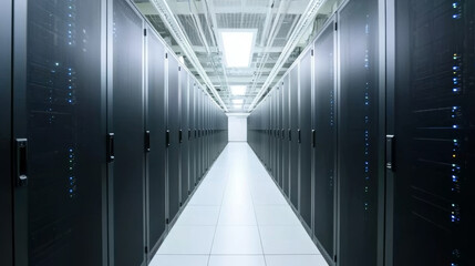 Modern data center with rows of server racks and bright lighting