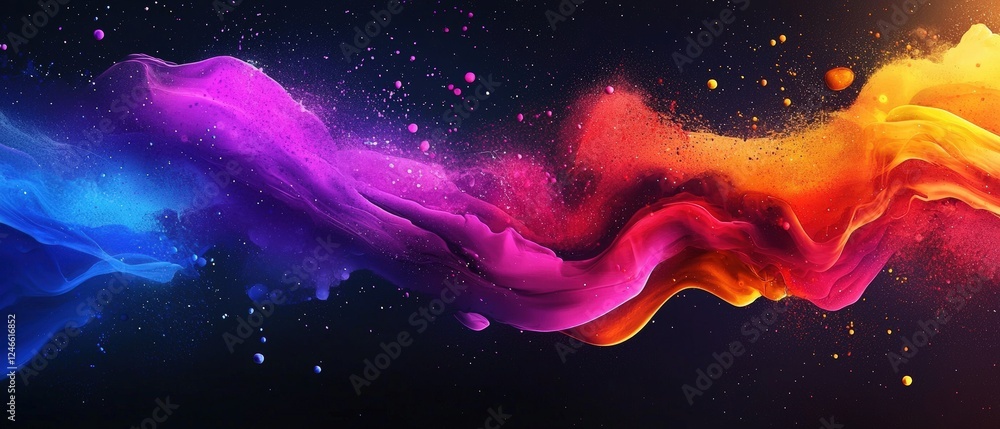 Poster colorful satellite explosion of vibrant paint splashing in abstract patterns against a dark backgrou
