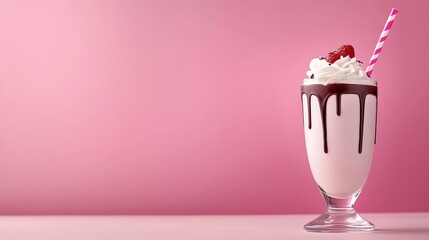 Delicious strawberry milkshake topped with whipped cream and chocolate drizzle against a pink backdrop