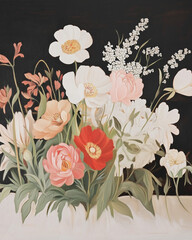 Fototapeta premium Colorful Floral Arrangement Featuring Peonies and Wildflowers Against a Dark Background