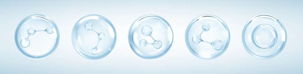 Molecules inside bubbles on blue background. Collagen serum bubble. Cosmetic essence. Hyaluronic acid. Skincare product. Concept skin care cosmetics solution. Vector 3d illustration