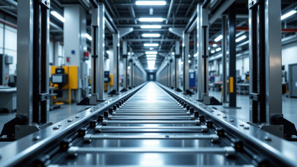 A modern industrial factory with a well-lit work area and machinery.