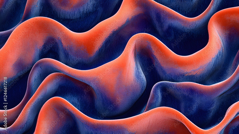 Poster flowing abstract waves in shades of red and blue creating a vibrant patterned texture.