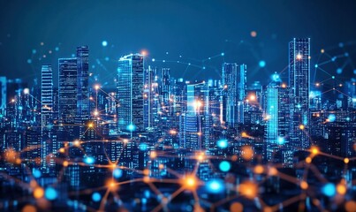 Fototapeta premium Connected city skyline at night with network grid overlay, ideal for technology or urban concepts