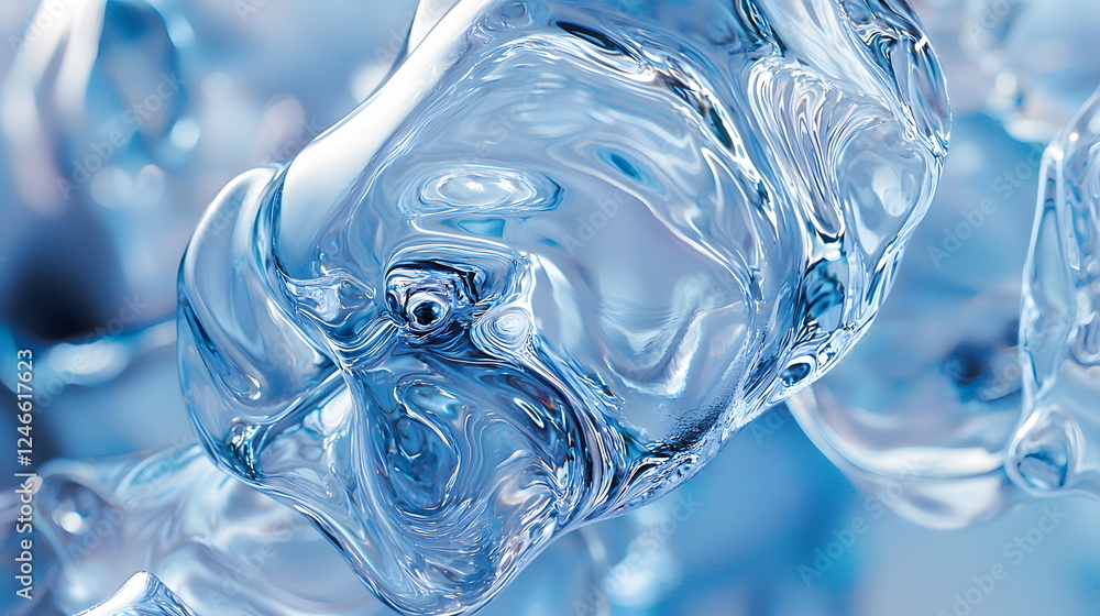 Poster clear ice abstract textures with smooth curves and reflections on a blue background
