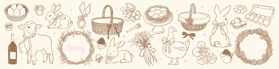Cute Spring and Easter Drawing Set. Easter eggs, Bunnies, Baskets, Carrot, Flower wreaths, Goose, Lamb. Village rustic doodle sketch style.Hand drawn for decor, card, invitation.