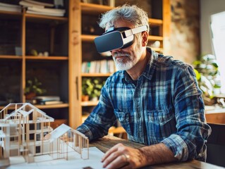 A mature man using augmented reality tools to visualize architectural designs.