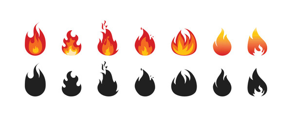 Flames icons. Flame silhouettes. Black firing icons, warning symbols isolated on white. Burning vector emblems.