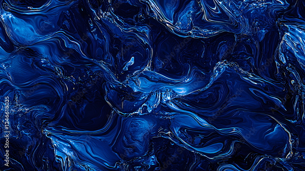 Poster deep blue abstract fluid art with rippling textures and swirls resembling ocean waves.