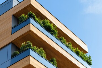 Modern architecture blending lush greenery with wooden elements, highlighting sustainable living in an urban environment under a clear blue sky, emphasizing eco design and natural aesthetics.